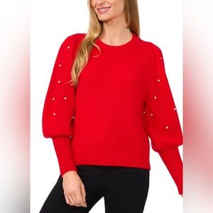 Cece Pearl Embellished Sleeve Crew Neck Sweater Size Med. Red Valentines NEW